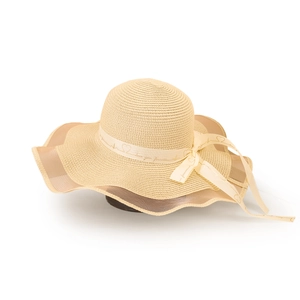 Detail of beige straw hat with love you forever ribbon and sheer mesh brim trim