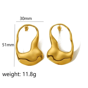 Detailed view of geometric wavy gold earrings showing 30mm width and 51mm height specs