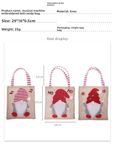 Detailed size specifications of the Christmas burlap gnome gift bag with striped handles