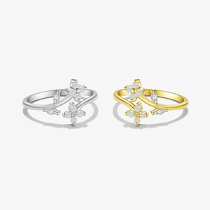 925 Sterling Silver Flower Open Ring Korean Style Rhinestone Inlaid Adjustable Elegant Finger Ring Fashion Jewelry For Women