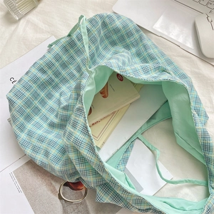 Detail of blue and yellow plaid canvas tote bag showing spacious green interior with books