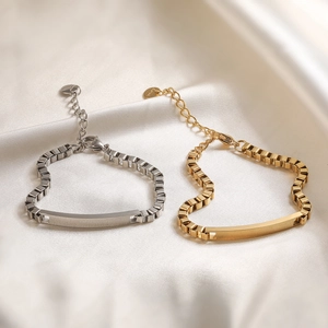 Minimalist Stainless Steel ID Plate Bracelet For Women 18K Gold Plated Punk Geometric Box Chain Link Adjustable Jewelry