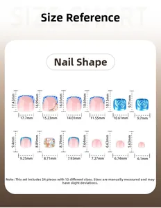 Size chart for 3D pearl toe press-on nails showing 12 different dimensions and 24 pieces