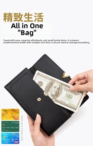 Detail view of black PU leather wallet with nine card slots and gold V-shaped hardware