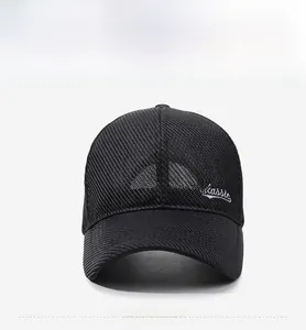 Detail of black breathable mesh baseball cap with white Classic embroidery on the front