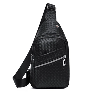 Modern black woven chest bag for men with zippered front pocket and adjustable strap