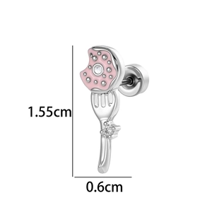 Pink donut earring on a silver fork with zircon stud showing 1.55cm height measurement