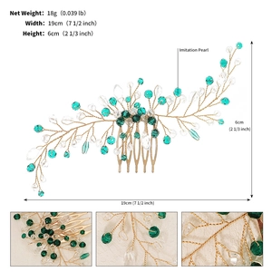 Detail of handmade gold leaf hair comb with green crystals and pearls, 19cm width