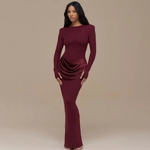 Elegant wine red long sleeve maxi dress with gathered waist and draped silhouette
