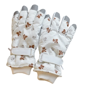 Winter ski gloves with cute bear print, touchscreen fingertips and adjustable wrist straps