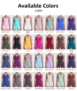 Grid display of seamless yoga jumpsuits in 28 vibrant colors and halter back design