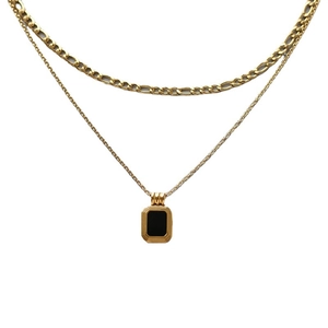 Double-layered 18k gold plated stainless steel necklace with black rectangular pendant