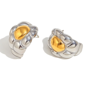 Two-tone 18K gold plated stainless steel textured horn earrings for women on white background
