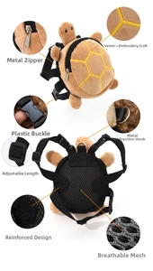 Detail view of turtle dog backpack with embroidery, metal D-ring and mesh padding