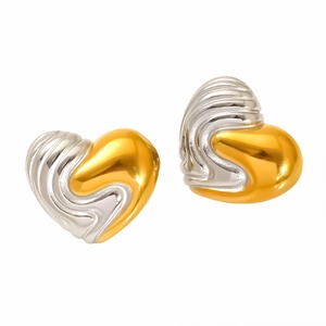 Two-tone heart-shaped stainless steel earrings with gold and silver wave texture