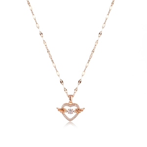 Rose gold angel wing heart necklace with central gemstone and sparkling zircon accents
