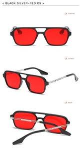Three-angle view of C5 double-bridge sunglasses with black frames and red lenses