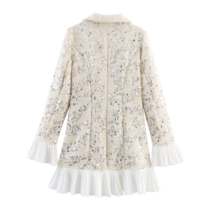 Robe blazer élégante à paillettes beige avec bordure en mousseline plissée au dos
