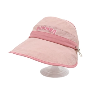 Pink open-top sun hat for kids with SUMMER lettering and adjustable windproof cord