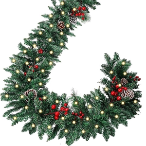 2.7m Christmas garland with LED lights, green pine needles, red berries and pinecones