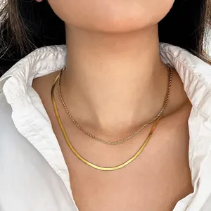 Bohemian Double Layered Necklace For Women Stainless Steel Gold Plated Twist Figaro Flat Snake Chain Multilayer Choker Fashion Jewelry
