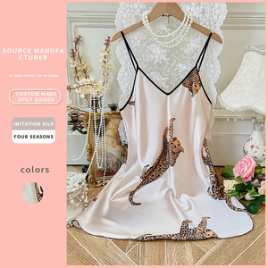 Leopard Print Satin Nightgown Women V-Neck Spaghetti Strap Imitation Satin Sleepwear Loungewear