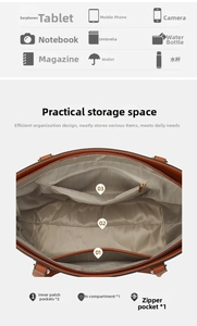 Internal structure of brown tote bag with multiple pockets and gray lining