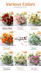 Detalle de ramos de rosas de seda artificiales en 8 colores para decoración