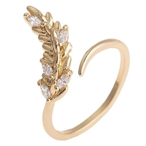 Golden olive leaf open ring with sparkling marquise zircon stones in a polished finish