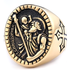 Vintage gold Saint Christopher signet ring with engraved religious relief and side cross