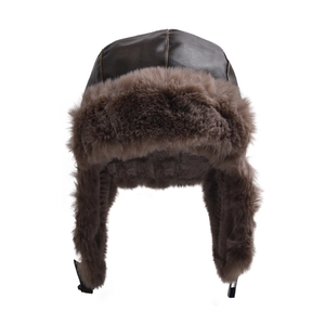 Detail of dark brown leather aviator hat with thick faux fur lining and ear flaps