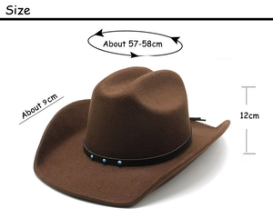 Detail view of dark brown wool fedora with size measurements and beaded leather band