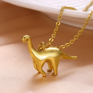 Polished gold dinosaur necklace with a cute long-necked brachiosaurus pendant