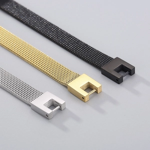 Detail of woven mesh stainless steel bracelets in black, gold, and silver finishes
