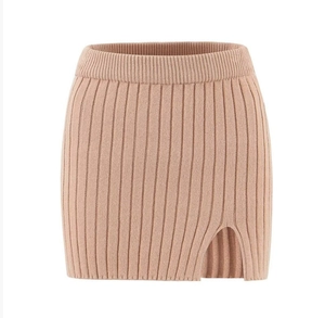 Detail of khaki ribbed knit mini skirt featuring a slim fit and stylish side slit hemline