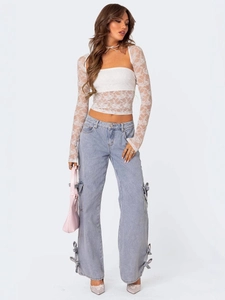Light Blue Denim Jeans Women Bow Tie Cargo Pockets Wide Leg Straight Retro Sweet Streetwear Casual Pants