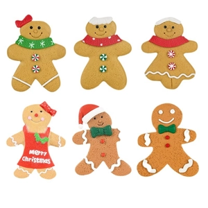 Set of 6 Christmas gingerbread man ornaments with festive scarves and hats on white background