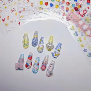 5D embossed press-on nail set with 3D cute rabbits, strawberries and floral designs