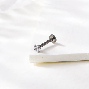 Titanium labret stud with 3mm prong-set clear zircon and flat base body piercing