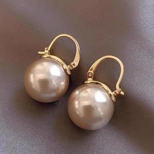 French vintage champagne pearl hoop earrings with gold plated curved metal hardware