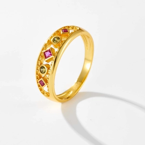 Vintage S925 silver rhombic ring with pink and green zircons on gold hollow band