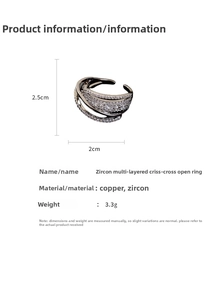 Detailed view of multilayer zircon crisscross ring with specific dimensions and 3.3g weight