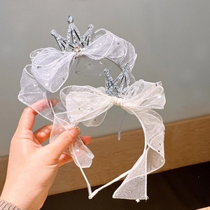 Sparkling silver crown headbands with glitter tulle bows and star patterns for girls