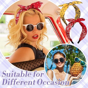 Detailed views of paisley printed wide headbands in red, yellow and blue for various occasions