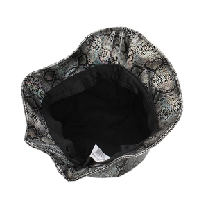 Silver snakeskin pattern bucket hat with black lining and internal product label detail