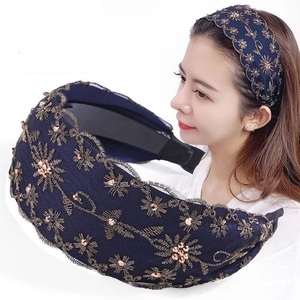 Diadema Ancha Bordado Floral Diamantes De Imitación Cuentas Retro Elegante Diadema Para Mujeres Niñas Antideslizante
