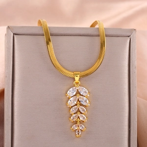 Gold snake chain necklace with sparkling wheat ear pendant featuring white zircon stones