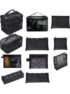 Black mesh makeup bag set with double layer wash bags and brush pouches for travel
