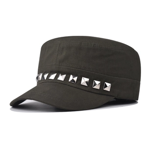 Olive green cadet cap with silver square metal studs and durable cotton canvas fabric