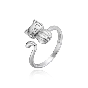 Minimalist 925 sterling silver cat ring with adjustable open band and polished finish